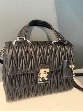 Miu Miu Nero Matelassé Top Handle Leather Satchel with Silver Hardware with COA